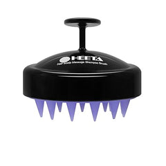 A black HEETA Scalp Massager Hair Growth brush with soft silicone bristles for exfoliation, dandruff removal, and stress relief; suitable for wet or dry use on thick, thin, or curly hair.
