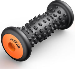 The BESKAR Foot Massager Roller features a textured black and orange design with raised bumps and rounded ends, ideal for plantar fasciitis relief, deep tissue massage, and relaxing foot arch or heel pain.