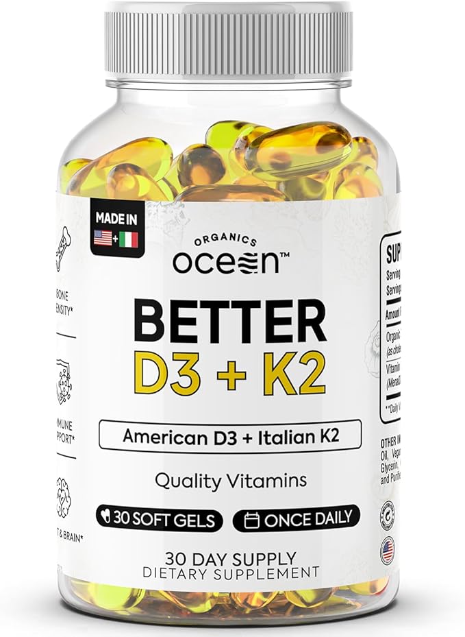 Organics Ocean Better D3 + K2 is a clear bottle with yellow softgel capsules, offering 100% organic vitamin D3 and K2 for immune support, bone density, calcium balance, and mood. Each pack contains 30 softgels for a 30-day supply.
