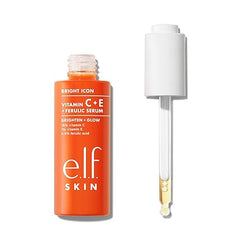 An orange bottle of e.l.f. SKIN Bright Icon Vitamin C + E + Ferulic Serum with a white dropper cap, shown dispensing this brightening, soothing serum formulated to help even skin tone; vegan and cruelty-free, 1 fl oz.
