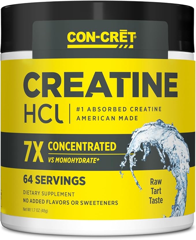 A yellow and black "CON-CRET Creatine HCl Powder" container (64 servings) highlights 7X concentration, raw tart, no added flavors or sweeteners, supports muscle and cellular energy—with a water splash graphic right. USA made & NSF certified.
