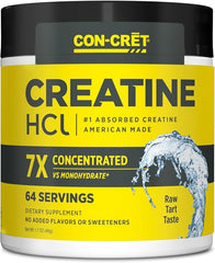 A yellow and black "CON-CRET Creatine HCl Powder" container (64 servings) highlights 7X concentration, raw tart, no added flavors or sweeteners, supports muscle and cellular energy—with a water splash graphic right. USA made & NSF certified.