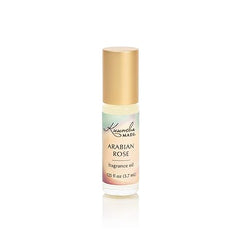A 0.125 fl oz (3.7ml) rollerball bottle of Showlu Well Nation Store’s Arabian Rose Fragrance Oil Perfume, alcohol free, with a gold cap and labeled with the product name, set against a white background.