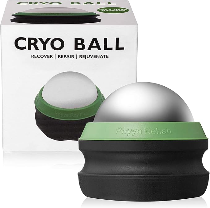 A silver and green Massage Ice Roller Ball for deep tissue cold therapy and plantar fasciitis is displayed before its packaging, labeled CRYO BALL: Recover | Repair | Rejuvenate, highlighting its muscle recovery benefits.