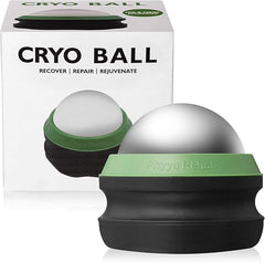 A silver and green Massage Ice Roller Ball for deep tissue cold therapy and plantar fasciitis is displayed before its packaging, labeled CRYO BALL: Recover | Repair | Rejuvenate, highlighting its muscle recovery benefits.