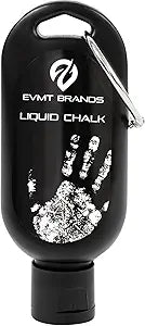 A black bottle of Liquid Chalk, Mess Free Gym Chalk with carabiner and white handprint design—ideal for weightlifting, gymnastics, rock climbing, dancing, and lifting. Sweat resistant and long lasting for a stronger grip. Package may vary.