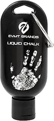 A black bottle of Liquid Chalk, Mess Free Gym Chalk with carabiner and white handprint design—ideal for weightlifting, gymnastics, rock climbing, dancing, and lifting. Sweat resistant and long lasting for a stronger grip. Package may vary.