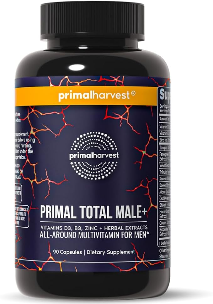 Primal Harvest Total Male+ Multivitamin for Men provides vitamins, minerals, and herbal support for energy, vitality, immune health, and performance. Includes 90 capsules per bottle with a black label featuring red vein-like patterns.