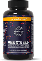 Primal Harvest Total Male+ Multivitamin for Men provides vitamins, minerals, and herbal support for energy, vitality, immune health, and performance. Includes 90 capsules per bottle with a black label featuring red vein-like patterns.