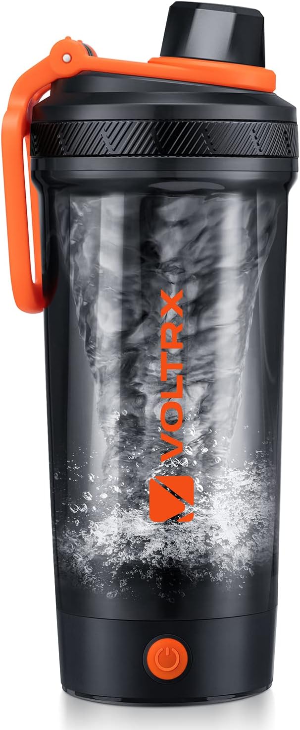 The VOLTRX Electric Protein Shaker Bottle is a 24oz black USB rechargeable mixer cup with an orange logo and lid latch, BPA-free Tritan, leak-proof, and perfect for mixing shakes or meal replacements with a visible swirling vortex inside.