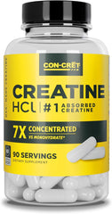 A bottle of CON-CRET Creatine HCl Capsules (90 ct) with a yellow and black label contains highly concentrated creatine pills to support muscle, cognitive, and cellular energy—NSF certified, USA made, with no bloating or cramps.