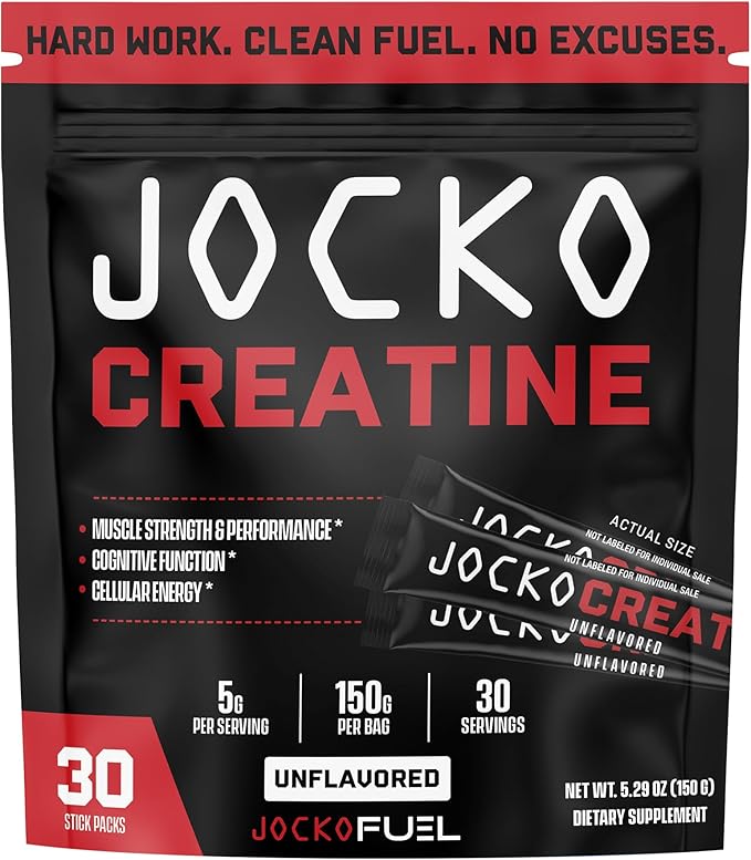 A black and red bag of Jocko Fuel Creatine Stick Packs—Creatine Monohydrate Powder for athletic performance and muscle health, unflavored with 30 travel packs, featuring the slogan “Hard work. Clean fuel. No excuses.”.