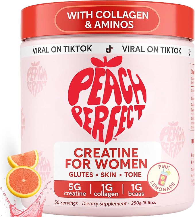 Peach Perfect Creatine Blend for Women in Pink Lemonade features micronized creatine monohydrate, BCAA & collagen for glute strength support. Labeled “Viral on TikTok,” with nutrition highlights and pink lemon slices on the container. 30 servings.