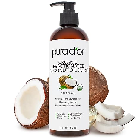 A bottle of PURA D'OR 16 Oz ORGANIC Fractionated Coconut Oil with a pump top is shown beside whole and cut coconuts, emphasizing this USDA certified hexane-free carrier oil, ideal for face, hair, body, massage, and essential oils.