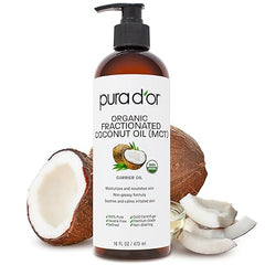 A bottle of PURA D'OR 16 Oz ORGANIC Fractionated Coconut Oil with a pump top is shown beside whole and cut coconuts, emphasizing this USDA certified hexane-free carrier oil, ideal for face, hair, body, massage, and essential oils.