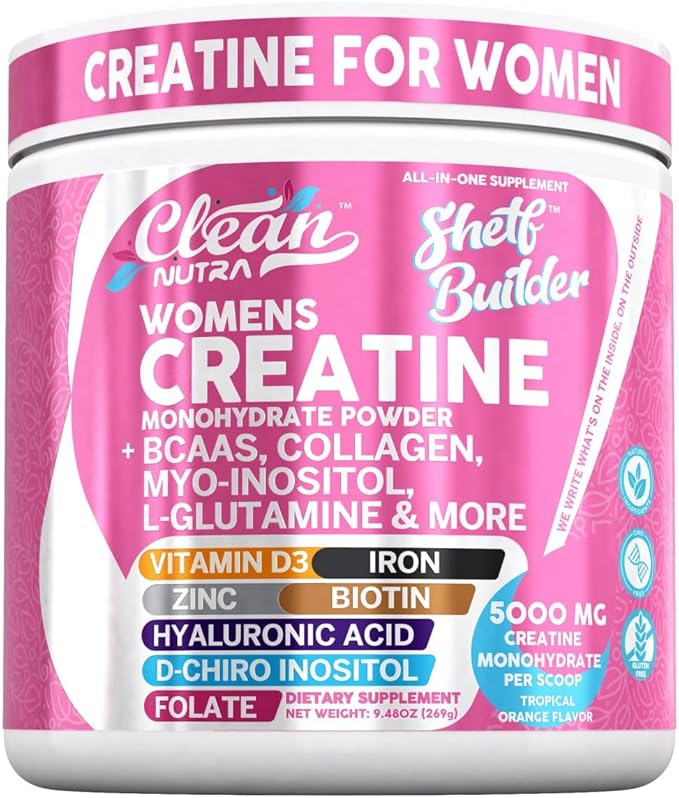 A container of Clean Nutra Shelf Builder Creatine for Women, with a pink and white label, offers 5000 mg creatine monohydrate, BCAAs, collagen peptides, myo-inositol, biotin, hyaluronic acid, vitamins D3 & folate, iron, zinc, and more per scoop.