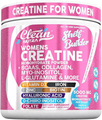 A container of Clean Nutra Shelf Builder Creatine for Women, with a pink and white label, offers 5000 mg creatine monohydrate, BCAAs, collagen peptides, myo-inositol, biotin, hyaluronic acid, vitamins D3 & folate, iron, zinc, and more per scoop.