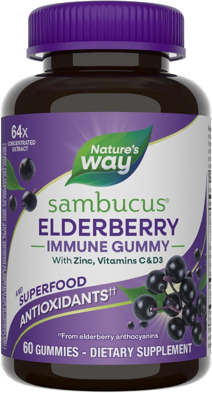 A bottle of Nature’s Way Sambucus Elderberry Immune Support Gummies for Kids & Adults* with black elderberry extract, vitamin C, D3, and zinc; 60 gummies per bottle.
