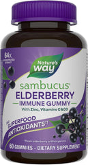 A bottle of Nature’s Way Sambucus Elderberry Immune Support Gummies for Kids & Adults* contains 60 gummies with black elderberry extract, vitamin C, vitamin D3, and zinc for immune support.