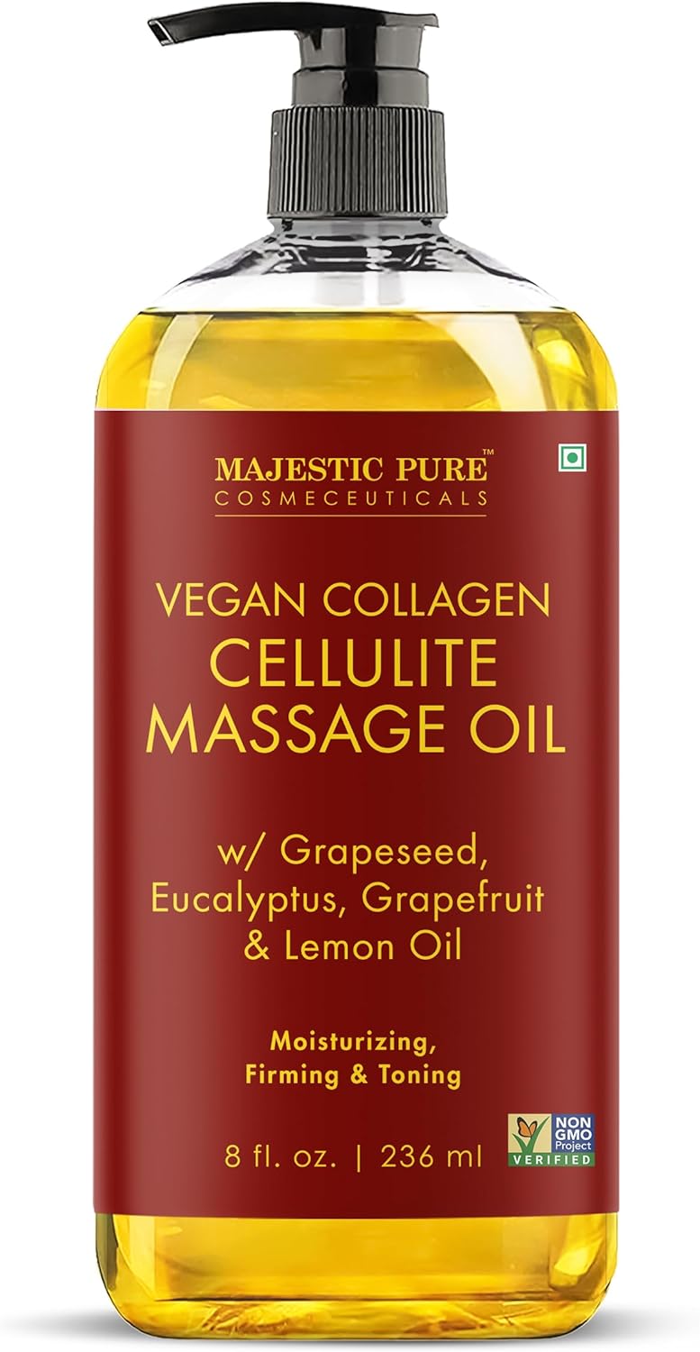 Majestic Pure Firming Body Massage Oil with Collagen, 8 fl oz, helps smooth the appearance of cellulite and improve skin texture; refreshing aromatherapy oil for legs and full body.