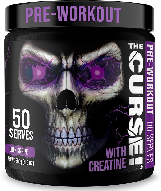 A black container of JNX SPORTS The Curse! Pre Workout Powder features a fierce purple-eyed skull, bold “50 Servings” and “Dark Grape Flavor” text, plus creatine content. Purple accents and strong lettering highlight this energy-boosting supplement.