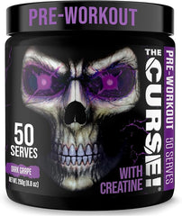 A black container of JNX SPORTS The Curse! Pre Workout Powder features a fierce purple-eyed skull, bold “50 Servings” and “Dark Grape Flavor” text, plus creatine content. Purple accents and strong lettering highlight this energy-boosting supplement.