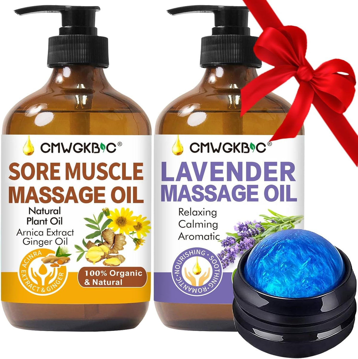 Two pump bottles of Massage Oil for Massage Therapy—Ginger Oil for sore muscles and Lavender Oil—sit side by side with a massage ball, perfect Valentines Day gifts for him or her to enjoy lymphatic drainage and relaxing date night massages.