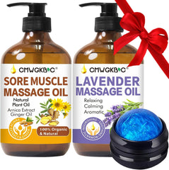 Two pump bottles of Massage Oil for Massage Therapy—Ginger Oil for sore muscles and Lavender Oil—sit side by side with a massage ball, perfect Valentines Day gifts for him or her to enjoy lymphatic drainage and relaxing date night massages.