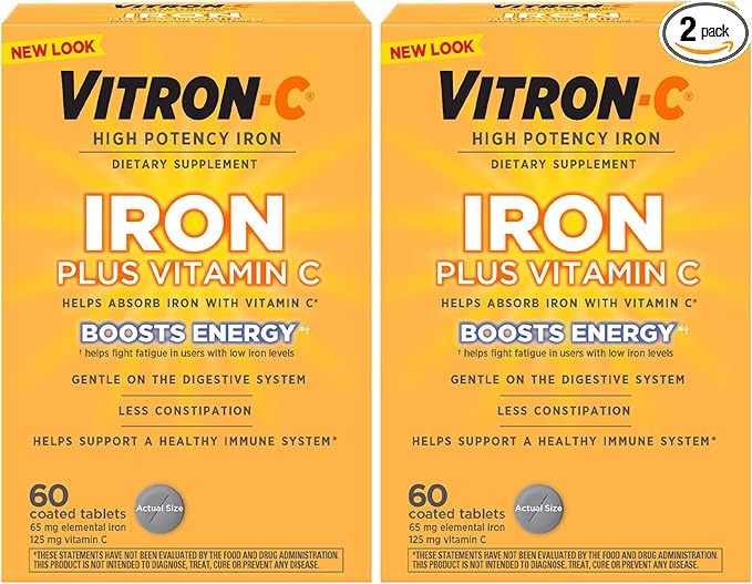 Two boxes of Vitron-C Iron Supplement, Once Daily, High Potency Iron Plus Vitamin C, 60 count each. Supports red blood cell production, dye free, gentle on digestion, and helps boost energy.