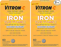 Two boxes of Vitron-C Iron Supplement, Once Daily, High Potency Iron Plus Vitamin C, 60 count each. Supports red blood cell production, dye free, gentle on digestion, and helps boost energy.