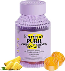A lavender bottle labeled Lemme Purr Vaginal Probiotic Gummies for Women (60 count, Pineapple) is shown next to two yellow gummies and a pineapple slice; supports balanced pH, healthy odor, yeast balance, flora & immune health with Vitamin C.