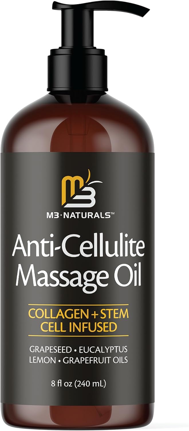 A brown bottle of M3 Firming Body Massage Oil (8 fl oz) with black pump top, infused with collagen, stem cell, and essential oils for smoothing cellulite and improving skin texture. Refreshing aromatherapy formula for legs and full body.