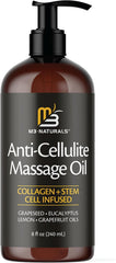 A brown bottle of M3 Firming Body Massage Oil (8 fl oz) with black pump top, infused with collagen, stem cell, and essential oils for smoothing cellulite and improving skin texture. Refreshing aromatherapy formula for legs and full body.