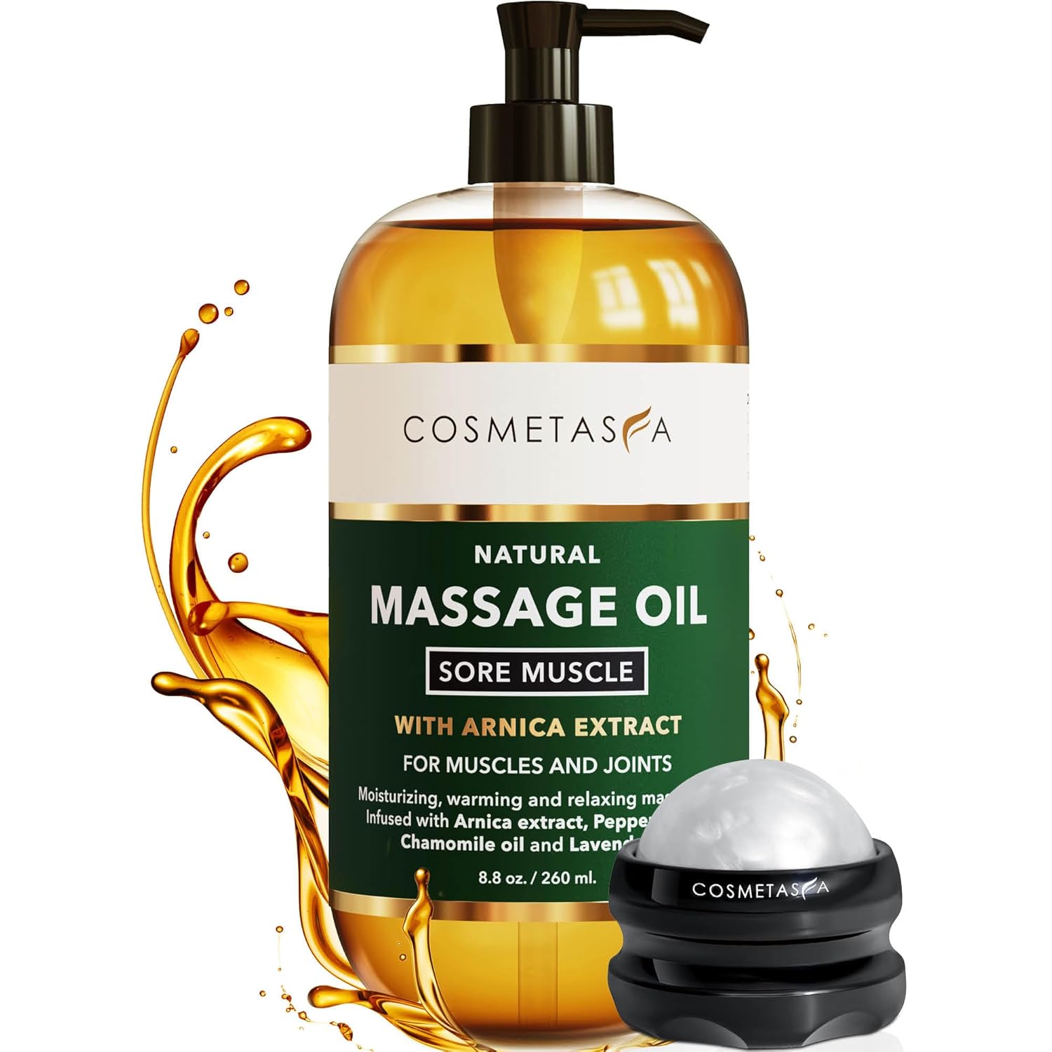 Cosmetasa Sore Muscle Massage Oil (8.8 oz) with Arnica, Lavender & Chamomile is shown with oil splashes and a black-and-white massage roller. The all-natural, cruelty-free formula promotes muscle relaxing and joint comfort.
