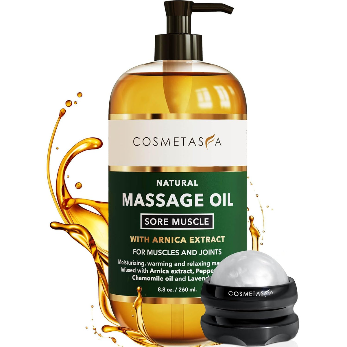 Cosmetasa Sore Muscle Massage Oil (8.8 oz) with Arnica, Lavender & Chamomile is shown with oil splashes and a black-and-white massage roller. The all-natural, cruelty-free formula promotes muscle relaxing and joint comfort.