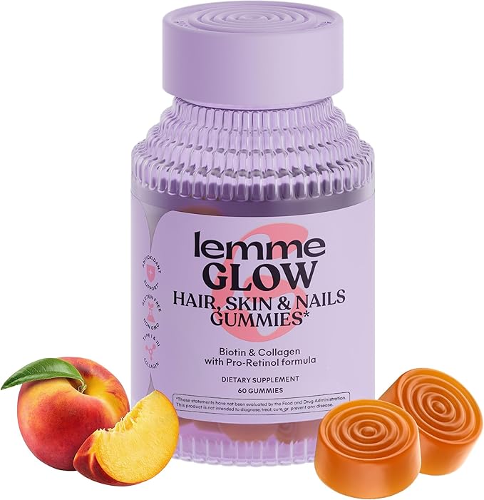 A purple bottle of Lemme Glow Collagen Gummies is shown with a peach and two orange gummies. The label features multi-collagen peptides, biotin, zinc, and vitamins A, C & E for hair, skin & nail health. Peach flavor. 60 ct. Dairy & gluten free.