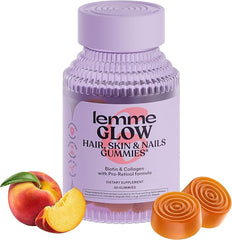 A purple bottle of Lemme Glow Collagen Gummies is shown with a peach and two orange gummies. The label features multi-collagen peptides, biotin, zinc, and vitamins A, C & E for hair, skin & nail health. Peach flavor. 60 ct. Dairy & gluten free.