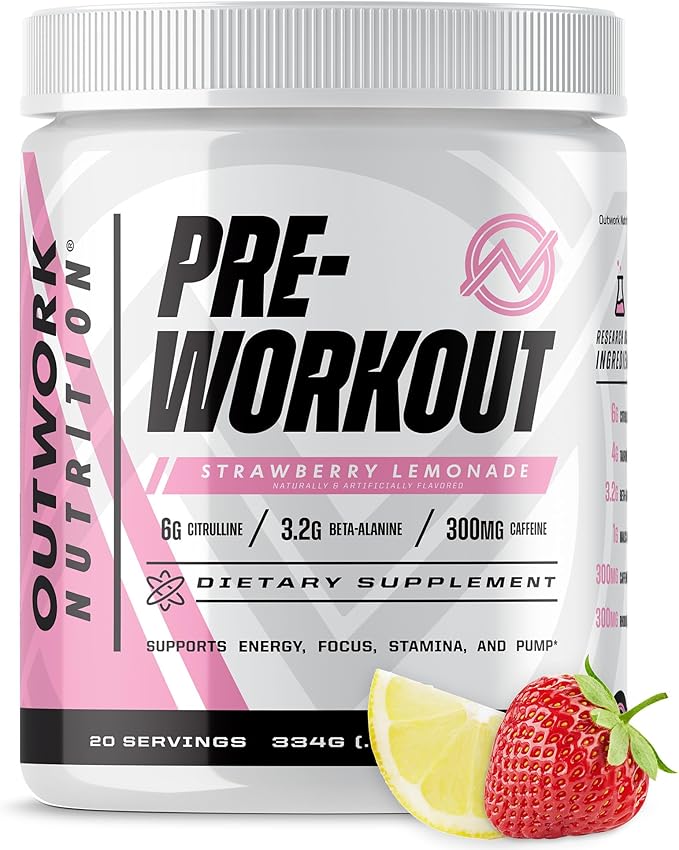 A container of Outwork Nutrition Preworkout for Men & Women (Strawberry Lemonade), a nootropic pre-workout powder without creatine, featuring taurine, rhodiola, citrulline malate, beta alanine & caffeine. Includes strawberries and lemon wedge beside it.