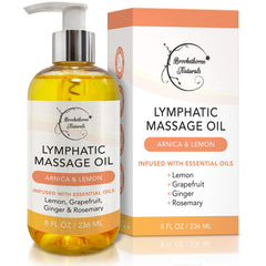 An 8oz bottle and box of Brookethorne Naturals Lymphatic Massage Oil with pump, featuring arnica, lemon, and ginger. This 100% natural oil is ideal for lymphatic drainage, detox, and post-surgery recovery.