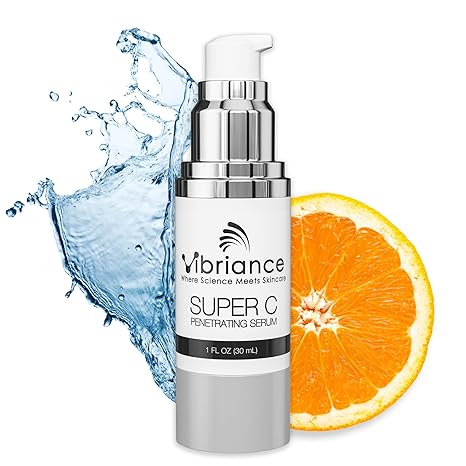 A bottle of Vibriance Super C Serum for Mature Skin is shown with a water splash and half an orange, highlighting hydration and vitamin C benefits for firming, lifting, smoothing, and targeting age spots and wrinkles.