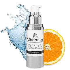 A bottle of Vibriance Super C Serum for Mature Skin is shown with a water splash and half an orange, highlighting hydration and vitamin C benefits for firming, lifting, smoothing, and targeting age spots and wrinkles.