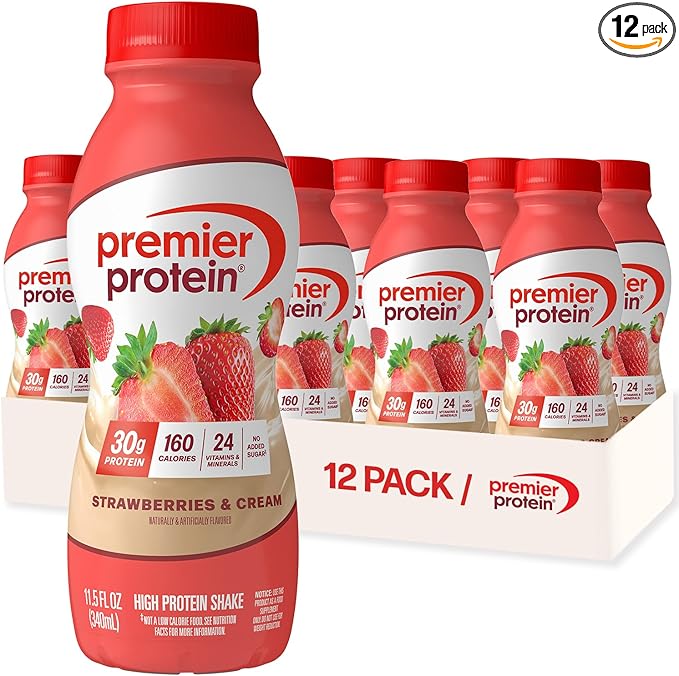 A 12-pack of Premier Protein Shake, Strawberries & Cream, each 11.5 fl oz bottle with red cap contains 30g protein, no added sugar, 24 vitamins and minerals for immune health, only 160 calories—delicious strawberry flavor. Packaging may vary.