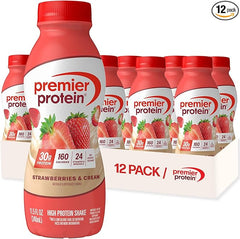 A 12-pack of Premier Protein Shake, Strawberries & Cream, each 11.5 fl oz bottle with red cap contains 30g protein, no added sugar, 24 vitamins and minerals for immune health, only 160 calories—delicious strawberry flavor. Packaging may vary.
