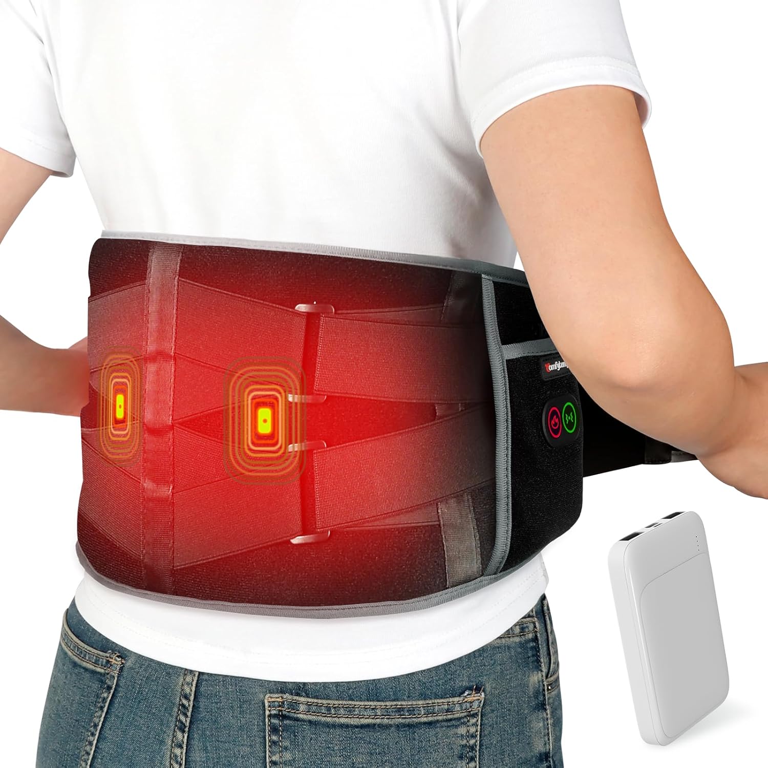 A person wears the Comfytemp Cordless Heating Pad with Massager for Back, featuring glowing red heating elements, control buttons, and a white rectangular rechargeable battery pack for portable wireless pain relief.
