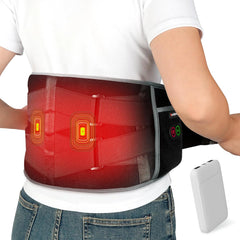 A person wears the Comfytemp Cordless Heating Pad with Massager for Back, featuring glowing red heating elements, control buttons, and a white rectangular rechargeable battery pack for portable wireless pain relief.