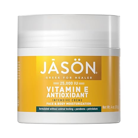 A white and yellow container of JASON Vitamin E Antioxidant Intensive Crème, 25,000 IU face & body moisturizer, 4 fl oz, made without animal testing, parabens, or petrolatum.