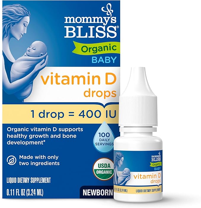 A box and bottle of Mommy's Bliss Organic Drops No Artificial Color, Vitamin D, 0.11 fl oz—a baby supplement with one drop providing 400 IU vitamin D to support healthy growth in newborns; USDA organic with only two ingredients.