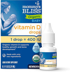 A box and bottle of Mommy's Bliss Organic Drops No Artificial Color, Vitamin D, 0.11 fl oz—a baby supplement with one drop providing 400 IU vitamin D to support healthy growth in newborns; USDA organic with only two ingredients.