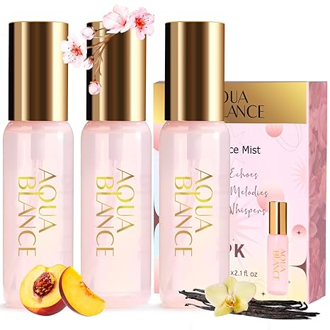 Body Spray for Women 3-Pack Gift Set by Aqua Blance with peach, vanilla, and floral scents in 60ml travel-size bottles, ideal for personal care.