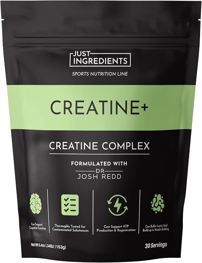 JUST INGREDIENTS Creatine Monohydrate Powder with Rejen Fulvic Mineral Complex supports muscle recovery, energy, strength, and cognitive function. Contains 30 servings per pouch.